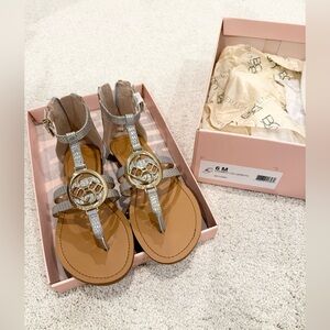 BCBG Gray Sandals with Gold Accents